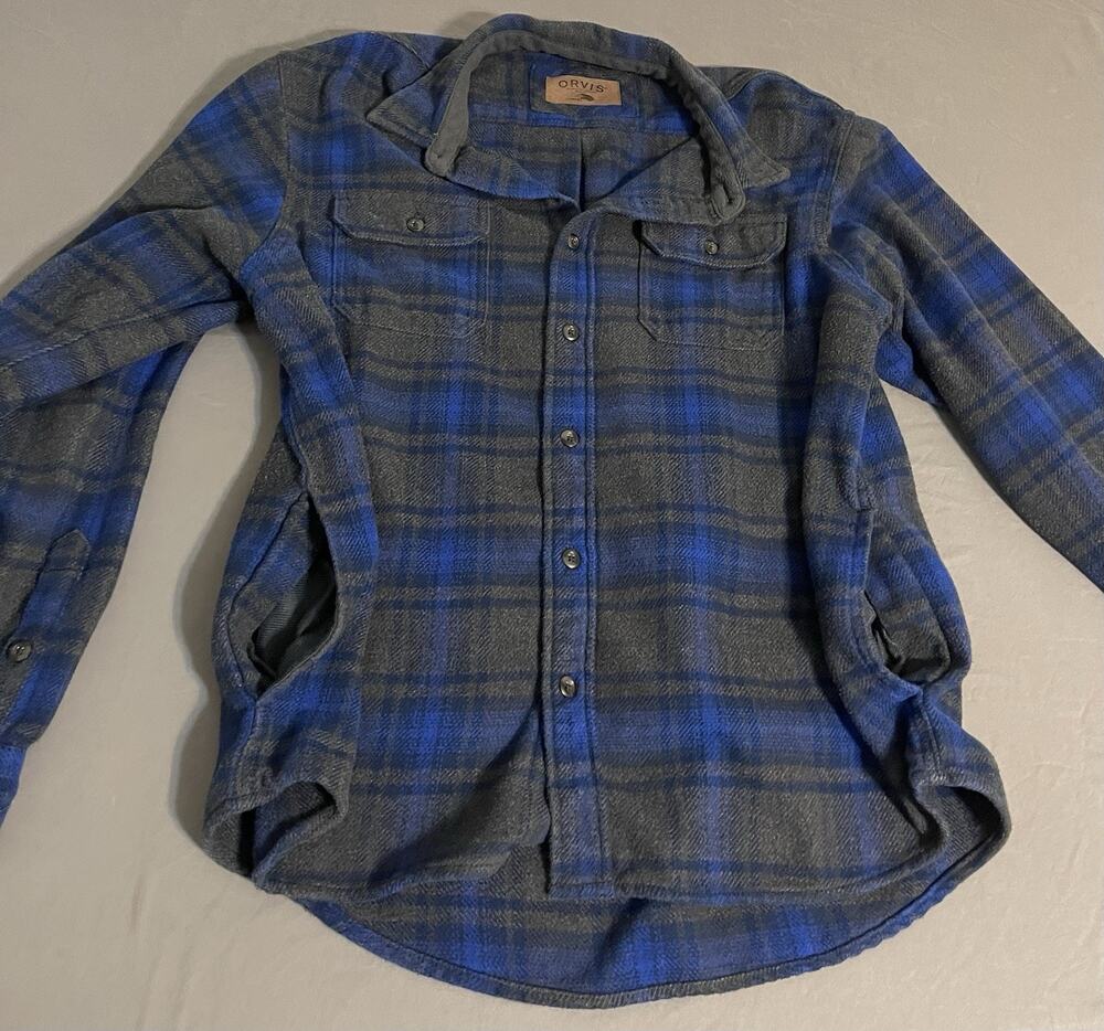 Orvis Plaid Flannel Shirt Jacket XL Blue Gray Fleece Lined Pockets Excellent